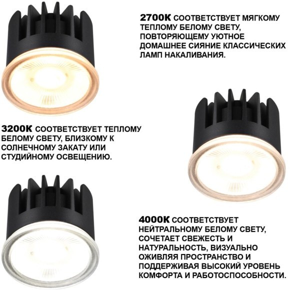 359813 Cветодиодный модуль с перекл. цв. температуры и мощности 6-8-10Вт макс. 862Лм CRI90 30° 2700-3200-4000К IP20 220V Novotech DIOD MOD (замена ламп MR16 цоколей GU10, GU5.3)