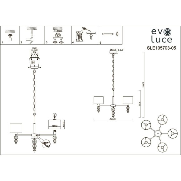 SLE105703-05 Светильник подвесной Хром/Светло-бежевый E14 5*40W RAMER SLE105703-05 Светильник подвесной Хром/Светло-бежевый E14 5*40W RAMER