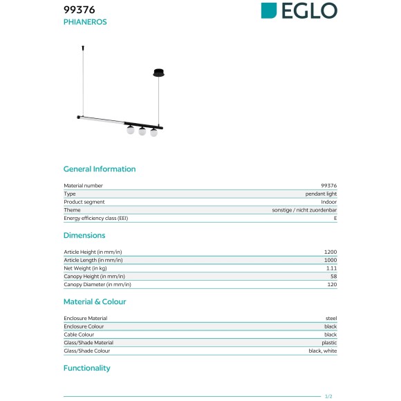 99376 EGLO PHIANEROS (Фианерос) подвесной LED-светильник, 22 Вт, 2700 лм, 3000 К, CRI >80, IP20, черный/белый, 1000×1200 мм