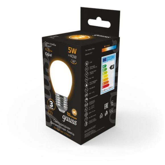 105202105 Лампа Gauss LED Filament Шар OPAL E27 5W 420lm 2700K 1/10/50