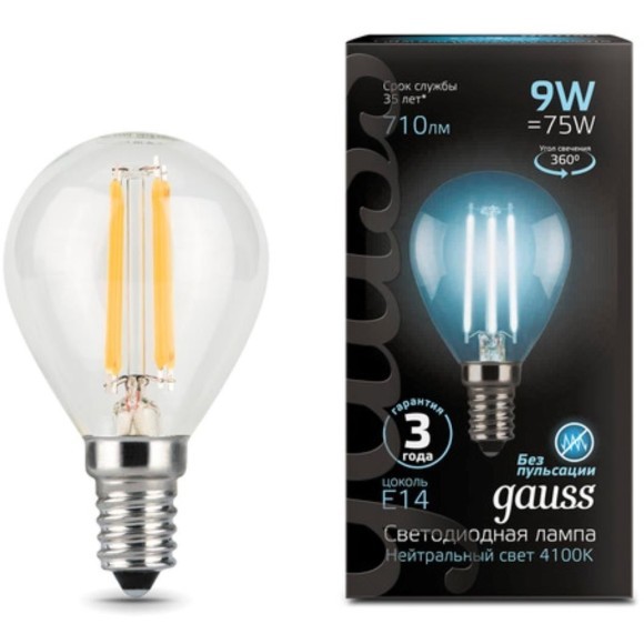 105801209 Лампа Gauss LED Filament Шар E14 9W 710lm 4100K 1/10/50