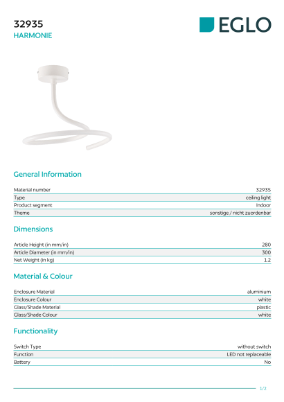 Белый потолочный светильник EGLO HARMONIE 32935, встроенный LED 13Вт, 4000К, CRI 80, 1500Лм, подключение 220В, диаметр 300 мм, высота 280 мм