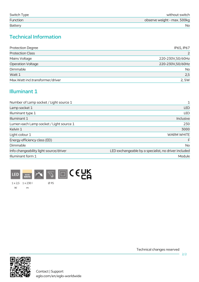 Уличный встраиваемый грунтовый светильник EGLO 93481, встроенный LED 2,5Вт, 3000К, CRI 80, 230Лм, подключение 220В, IP65/IP67, врезное отверстие 95 мм, глубина установки 65 мм