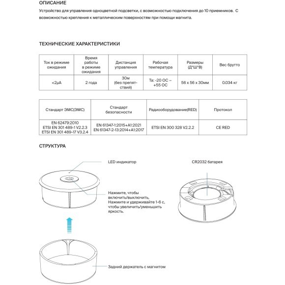 Maytoni RC02-1-RF-DIM-W 711037 Белый пульт дистанционного управления RF 2.4ГГц ИК контроллеров светодиодной ленты, поддержка диммирования