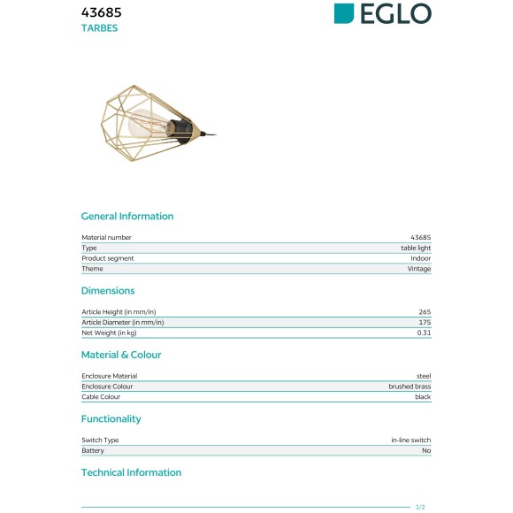 43685 EGLO TARBES (Тарбес) настольная лампа, E27, до 60 Вт, IP20, сталь, матовая латунь, Ø175×265 мм, выключатель на проводе