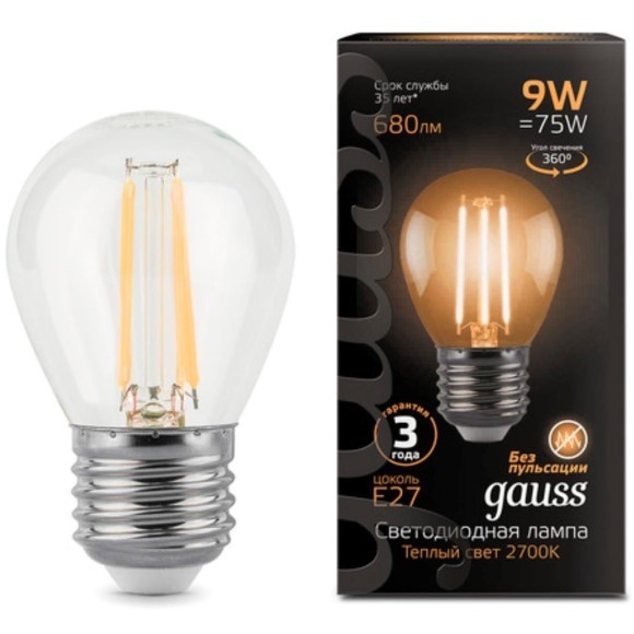 105802109 Лампа Gauss LED Filament Шар E27 9W 680lm 2700K 1/10/50
