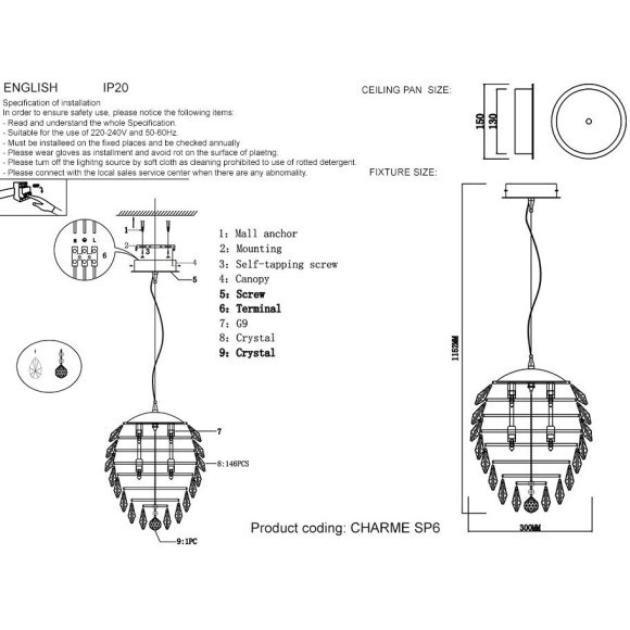Светильник подвесной Crystal Lux CHARME SP6 CHROME/TRANSPARENT