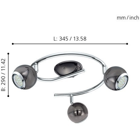 Eglo Bimeda 31007 Потолочный поворотный LED-спот в стиле хай-тек, лампы 3xGU10, комплекте лампы по 3 Вт, 220В, 3000К, 3x250 лм, CRI80, 220В, сталь цвета никель, черный хром, ширина 290 мм, высота 145 мм, длина 345 мм