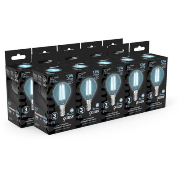 105801213 Лампа Gauss Filament Шар 13W 1150lm 4100К Е14 LED 1/10/50