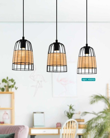 43313 Подвес ANWICK, 3x40W(E27), сталь, черный/ротанг, натуральный