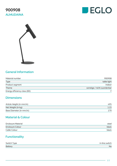 Черная настольная лампа EGLO ALMUDAINA 900908, встроенный LED 5Вт, 3000К, CRI 80, 480Лм, подключение 220В, стальной корпус, высота 495 мм, диаметр основания 170 мм
