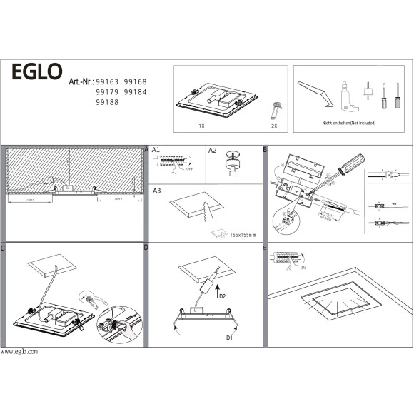 99168 EGLO FUEVA 5 (Фуэва 5) встраиваемый квадратный LED-светильник, 11 Вт, 1350 лм, 3000 К, IP20, матовый никель, 166x166 мм