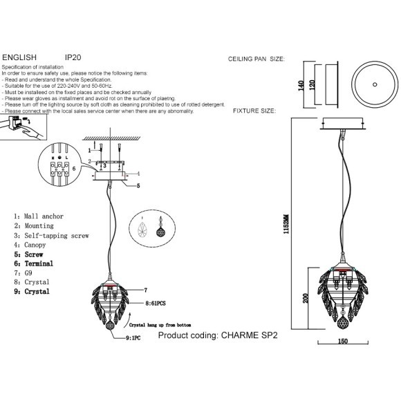 Светильник подвесной Crystal Lux CHARME SP2 GOLD/TRANSPARENT