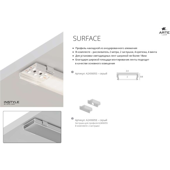 Arte Lamp SURFACE A240605E Комплект из 2 торцевых заглушек для алюминиевого профиля A240605S Arte Lamp SURFACE A240605E Комплект из 2 торцевых заглушек для алюминиевого профиля A240605S