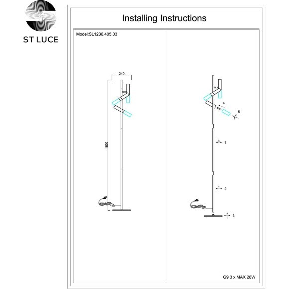 SL1236.405.03 Торшер ST-Luce Черный/Коньячный, Золотистый G9 3*5W ECLIP