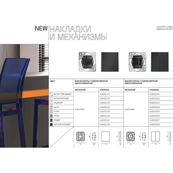 VLS000108 Клавиша для выключателя и переключателя одноклавишного черного матового цвета VOLTUM S70 (черный матовый)