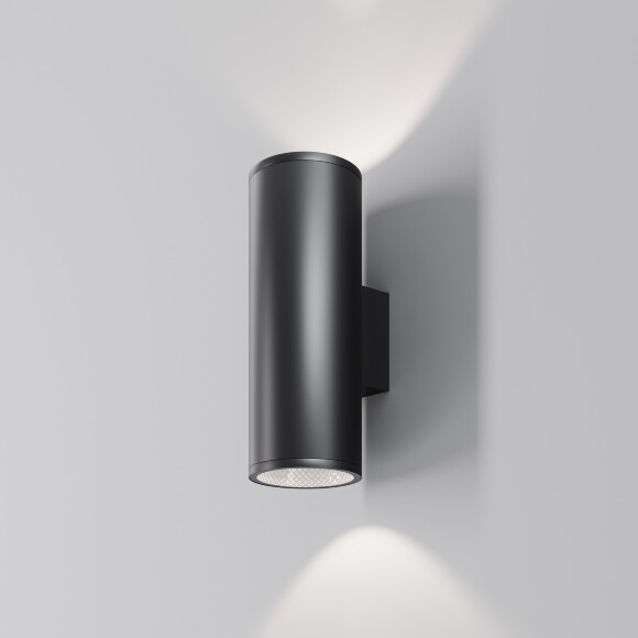 Maytoni Shim O514WL-L30B3K Уличный настенный светодиодный светильник-цилиндр для подсветки фасадов зданий, свет вверх и вниз, матовый черный металл, COB LED 30Вт 3000K 2050Лм 35° CRI90 IP65 -40...+50°, светодиоды Bridgelux
