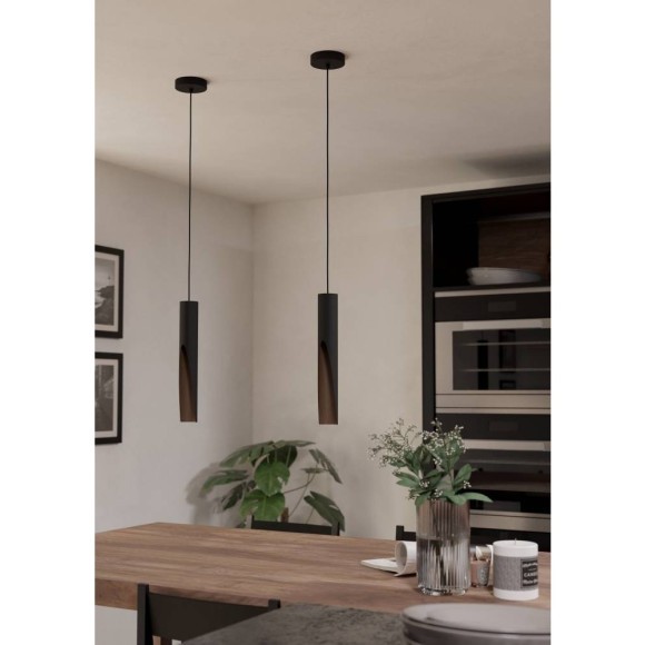 Eglo Barbotto 901732 Подвесной LED-светильник в стиле современный лофт, лампа 1xGU10 сменная, в комплекте лампа 4,5 Вт, 220В, 3000К, 345 лм, CRI80, основание черная сталь и плафон натуральное коричневое дерево, диаметр 60 мм, макс. высота 1100 мм