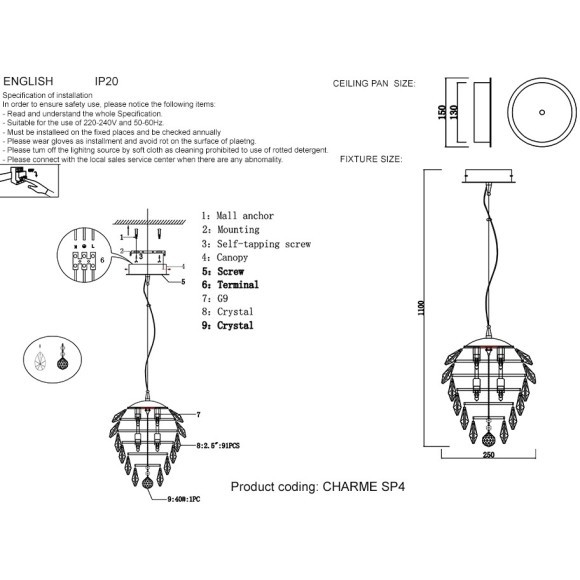 Светильник подвесной Crystal Lux CHARME SP4 GOLD/TRANSPARENT