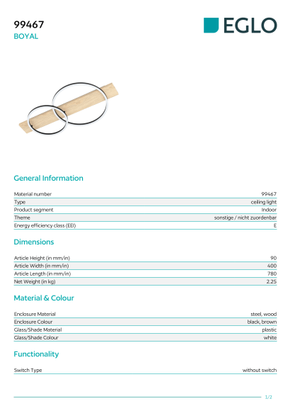 Потолочный светильник EGLO BOYAL 99467, встроенный LED 28Вт, световой поток 3400Лм, подключение 220В, основание черная сталь и коричневое дерево, белый пластиковый плафон, длина 780 мм, ширина 400 мм, высота 90 мм