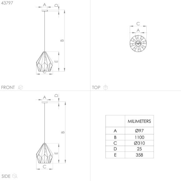 43814 Подвесной потолочный светильник (люстра) CARLTON, 1Х60W, E27, H1100, ?310, сталь, золотой