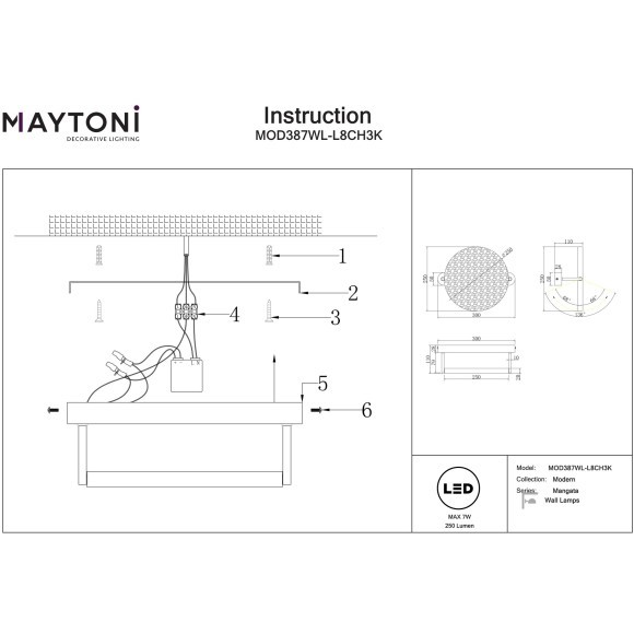 Хромированный светодиодный настенный светильник (бра) LED 7W RA80 250лм 3000К Maytoni Mangata MOD387WL-L8CH3K