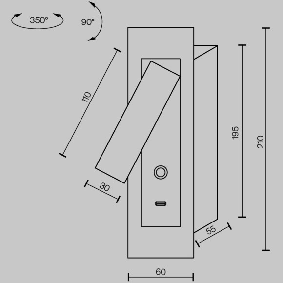MOD495WL-L3B3K1 Черный настенный врезной светильник (бра) с поворотным плафоном, сенсорным диммером и зарядкой USB-Type C Maytoni Axiom