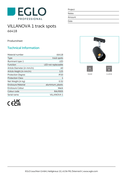 Черный трековый светильник EGLO 66418, встроенный LED, корпус из алюминия и пластика, диаметр 60 мм, высота 125 мм, IP20