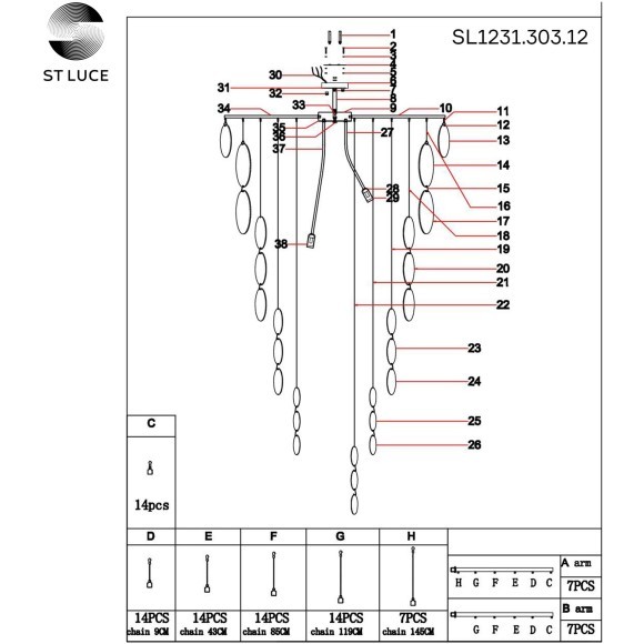 SL1231.303.12 Люстра подвесная ST-Luce Латунь/Белый E14 12*60W VITTORIA