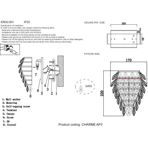 Бра Crystal Lux CHARME AP3 GOLD/TRANSPARENT