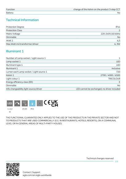Встраиваемый светильник EGLO FUEVA 6 901417, встроенный LED 6,3Вт, CCT перекл. цветовой температуры на драйвере, 2700 / 4000 / 6500К, CRI 80, 720Лм, подключение 220В, IP44, диаметр 119 мм, монтажное отверстие 105 мм, глубина 40 мм, белый пластик