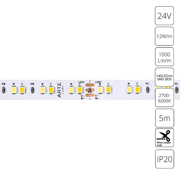 A2414010-01-mix Светодиодная лента 24В 12Вт/м 1000Лм/м 2700К+6000К CRI 90+ 10мм SMD2835 140шт/м 5м IP20