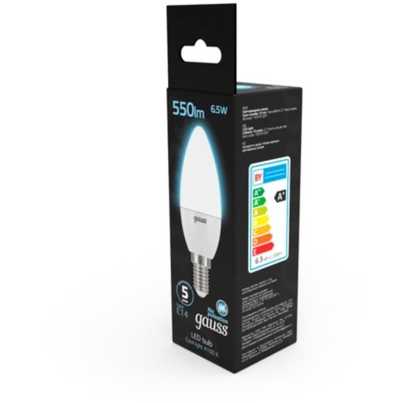 103101207 Лампа Gauss LED Свеча E14 6.5W 550lm 4100К 1/10/50