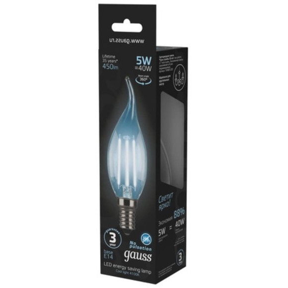 104801205 Лампа Gauss LED Filament Свеча на ветру E14 5W 450lm 4100K 1/10/50 104801205 Лампа Gauss LED Filament Свеча на ветру E14 5W 450lm 4100K 1/10/50