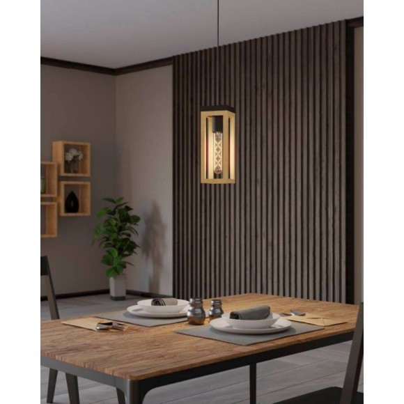 43743 Подвесной потолочный светильник (люстра) NAFFERTON, 1Х40W, E27, L100, B100, H1100, сталь, черный/дерево, коричневый