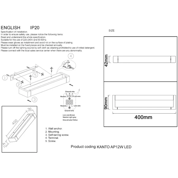 Бра 900Lm CRI80 Crystal Lux KANTO AP12W LED BL 4220/412