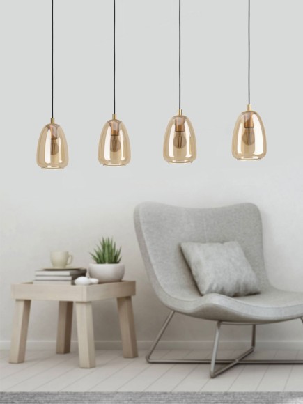 98649 ALOBRASE ALOBRASE Люстра потолочная с 4 лампами E27, 160Вт, модерн, янтарное стекло, латунь