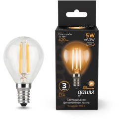 105801105 Лампа Gauss LED Filament Шар E14 5W 420lm 2700K 1/10/50 105801105 Лампа Gauss LED Filament Шар E14 5W 420lm 2700K 1/10/50