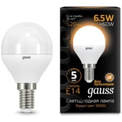 105101107 Лампа Gauss LED Шар E14 6.5W 520lm 3000K 1/10/50 105101107 Лампа Gauss LED Шар E14 6.5W 520lm 3000K 1/10/50