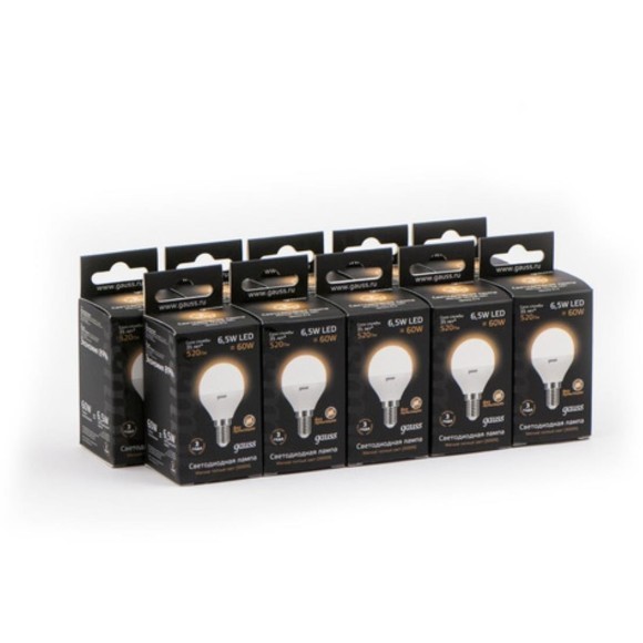 105101107 Лампа Gauss LED Шар E14 6.5W 520lm 3000K 1/10/50