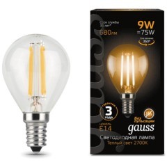 105801109 Лампа Gauss LED Filament Шар E14 9W 680lm 2700K 1/10/50 105801109 Лампа Gauss LED Filament Шар E14 9W 680lm 2700K 1/10/50