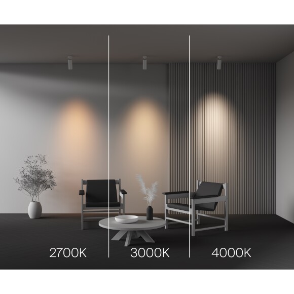 Maytoni C055CL-L20W2.7-3-4K-M-W Потолочный накладной поворотный белый светодиодный светильник цилиндр, CCT перекл. цветовой температуры, COB LED 20Вт 2310Лм 2700;3000;4000К CRI90 36° IP20 220В, диммируемые диоды Bridgelux (при смене блока питания)