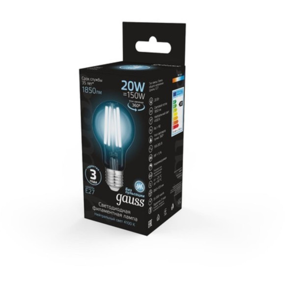 102902220 Лампа Gauss Filament А60 20W 1850lm 4100К Е27 LED 1/10/40 102902220 Лампа Gauss Filament А60 20W 1850lm 4100К Е27 LED 1/10/40