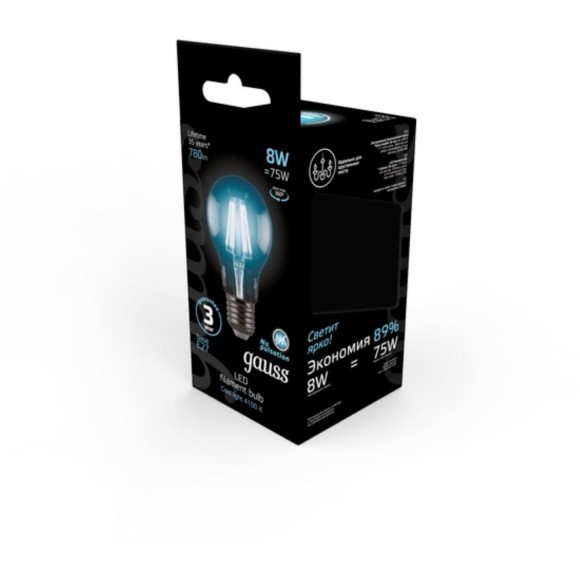 102802208 Лампа Gauss LED Filament A60 E27 8W 780lm 4100К 1/10/40 102802208 Лампа Gauss LED Filament A60 E27 8W 780lm 4100К 1/10/40