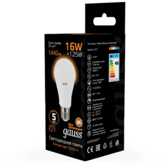 102502116 Лампа Gauss LED A60 16W E27 1380lm 3000K 1/10/50 102502116 Лампа Gauss LED A60 16W E27 1380lm 3000K 1/10/50