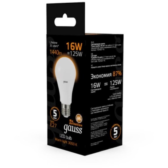 102502116 Лампа Gauss LED A60 16W E27 1380lm 3000K 1/10/50 102502116 Лампа Gauss LED A60 16W E27 1380lm 3000K 1/10/50