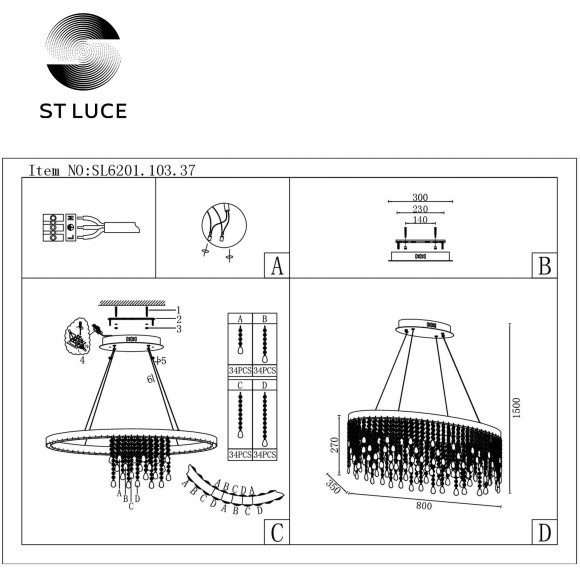 SL6201.103.37 Люстра подвесная ST-Luce Серебристый/Прозрачный LED 1*37W 3000K/4000K/6000K VEGA