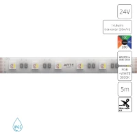 Arte Lamp A2406012-04-RGB3K Светодиодная лента влагозащищенная RGB+3000K, длина 5м, ширина 12 мм, SMD5050 14,4Вт/м (на канал 3,6Вт/м) 590Лм/м (R:75Лм G:190 B:45 W: 280) 120° CRI90+ IP65 24В, кратность резки 100мм, -20°...+45°C