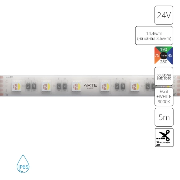 Arte Lamp A2406012-04-RGB3K Светодиодная лента влагозащищенная RGB+3000K, длина 5м, ширина 12 мм, SMD5050 14,4Вт/м (на канал 3,6Вт/м) 590Лм/м (R:75Лм G:190 B:45 W: 280) 120° CRI90+ IP65 24В, кратность резки 100мм, -20°...+45°C