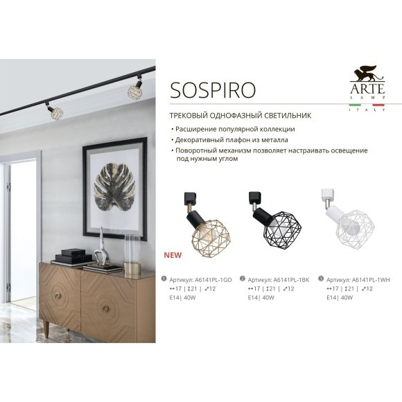 Однофазный двужильный трековый светильник Arte Lamp SOSPIRO A6141PL-1GO